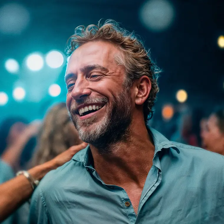 Fröhlicher Mann auf einer Party mit Oticon Hörgerät im Ohr